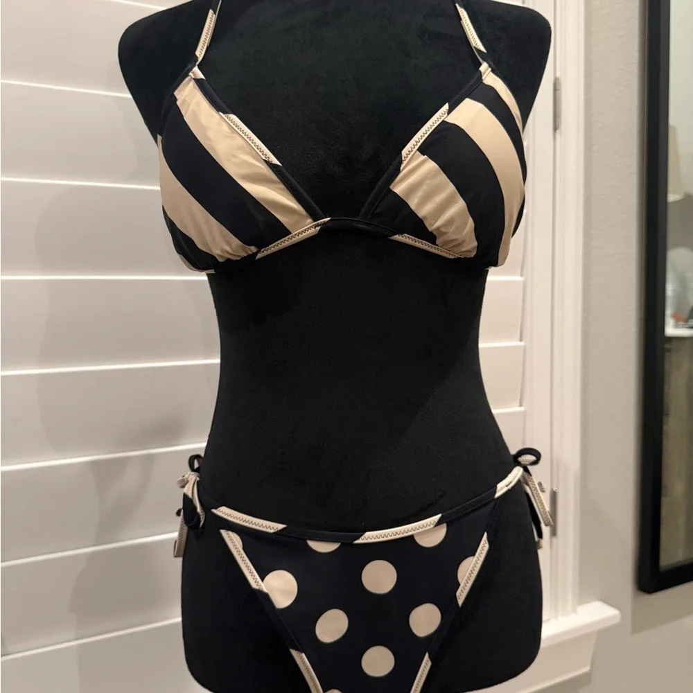NEW J Crew Black and Cream Striped and Polka Dot Reversible Bikini - Picture 1 of 4